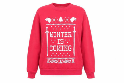 Front view of Stars & Stripes women’s red pullover sweatshirt, size M, - winter is coming