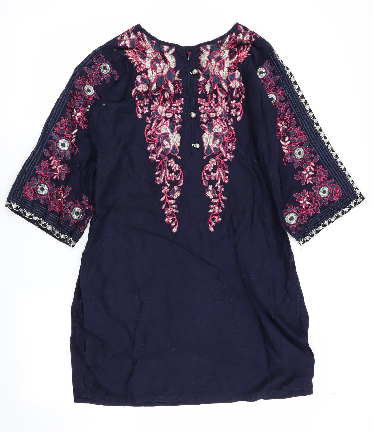 Front view of Fatima's women’s blue floral a-line, size M