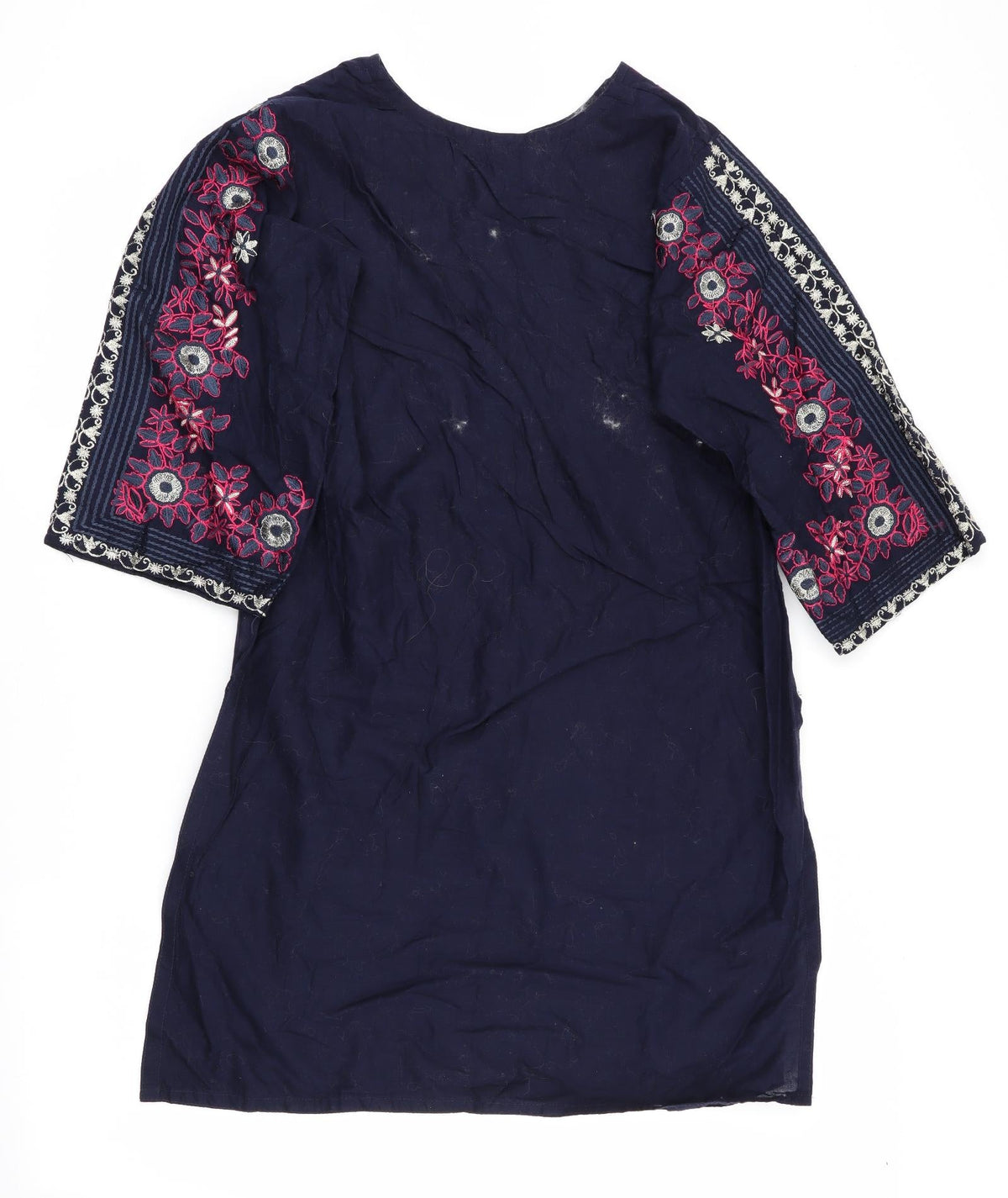 Back view of Fatima's women’s blue floral a-line, size M