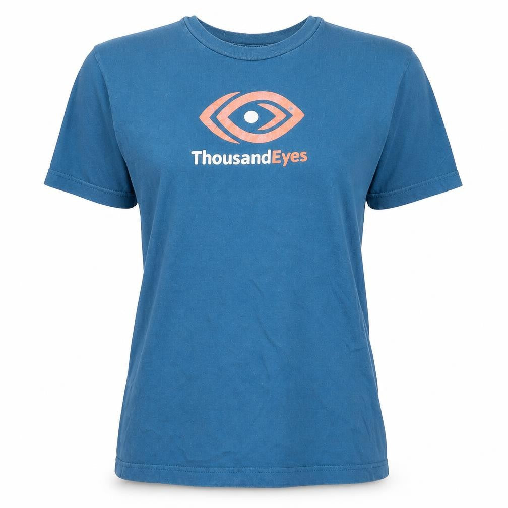 Front view of Sustainable Edition women’s blue basic t-shirt, size M, - thousand eyes