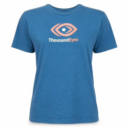 Front view of Sustainable Edition women’s blue basic t-shirt, size M, - thousand eyes