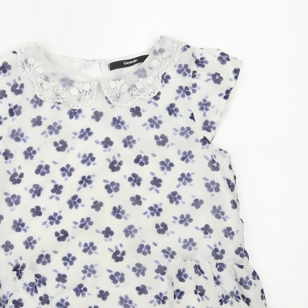 Close-up detail of George girls’ white floral basic blouse, size 8-9, years