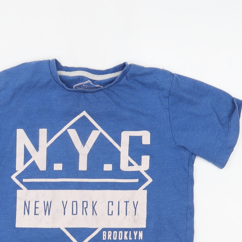 Close-up detail of Matalan boys’ blue basic t-shirt, size 8, years