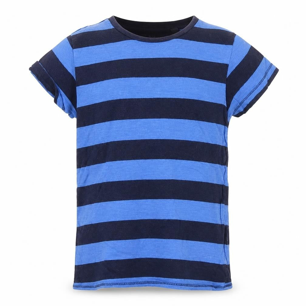 Front view of Next boys’ blue striped basic t-shirt, size 5, years