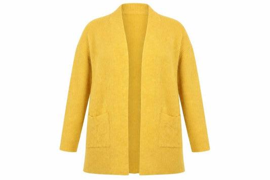 Front view of Avenue women’s yellow cardigan jumper, size UK 8