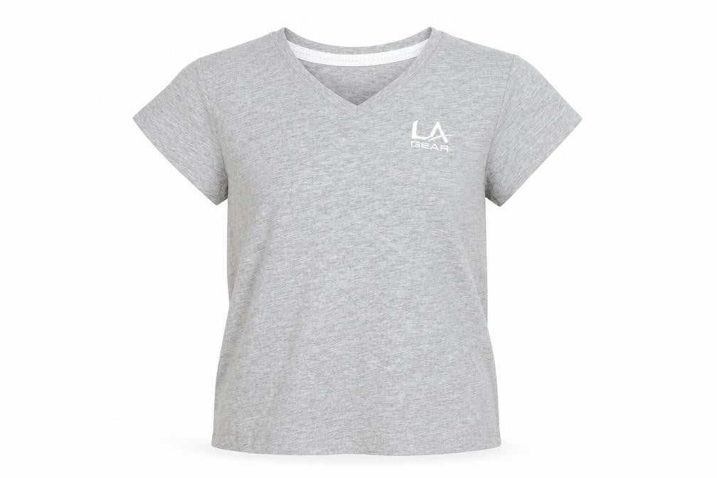 Front view of LA Gear girls’ grey basic t-shirt, size 7-8, years
