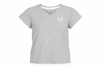 Front view of LA Gear girls’ grey basic t-shirt, size 7-8, years