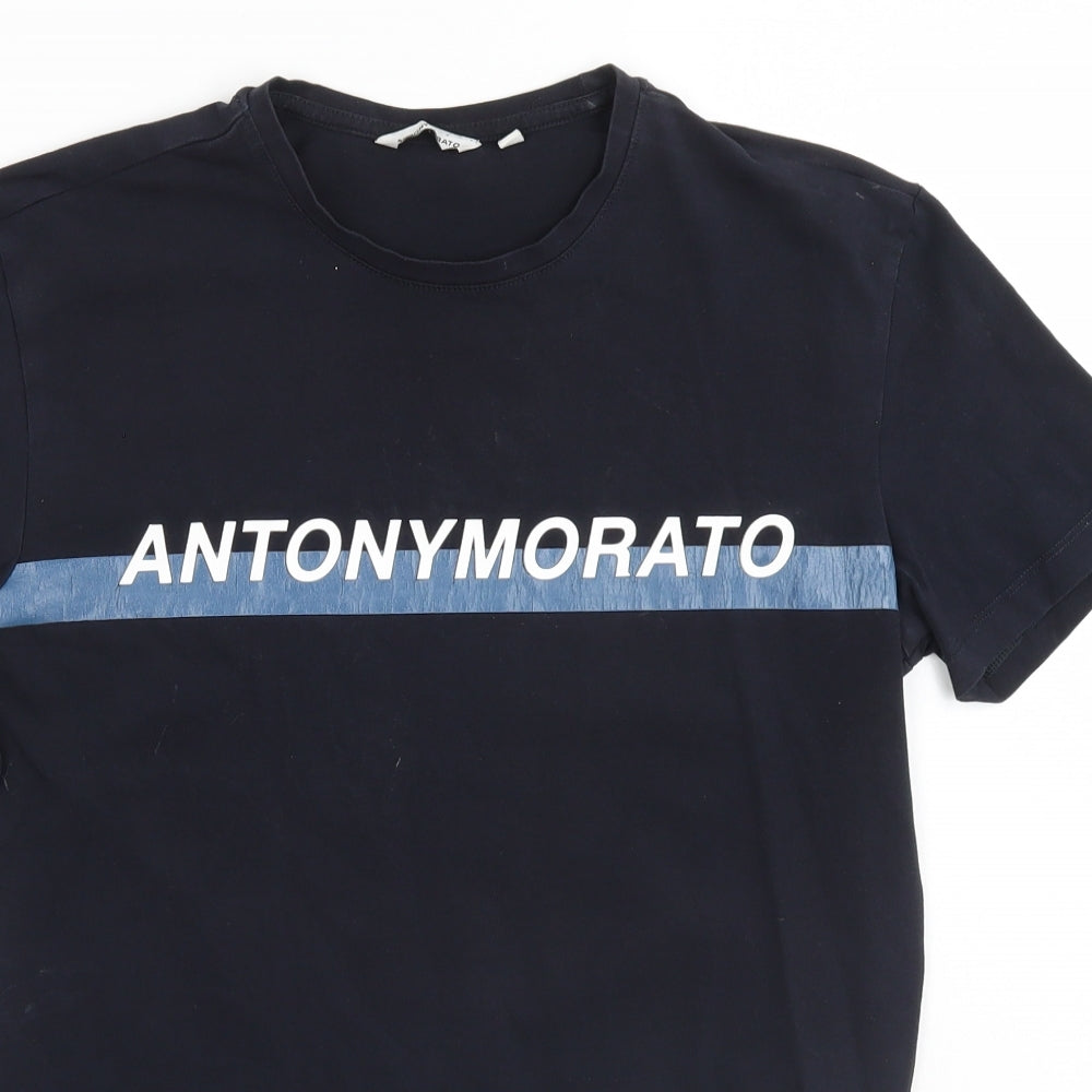 Close-up detail of Antony Morato women’s blue basic t-shirt, size S
