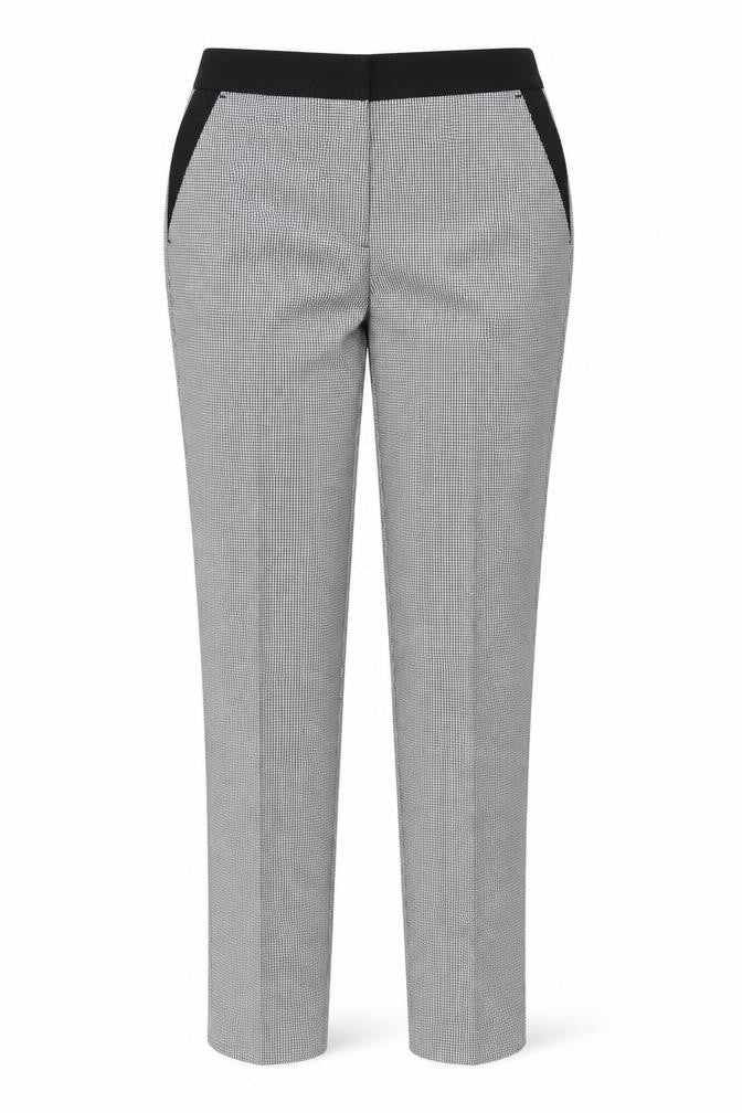 Front view of F&F women’s multicoloured check trousers, size UK 10, 28-inch leg