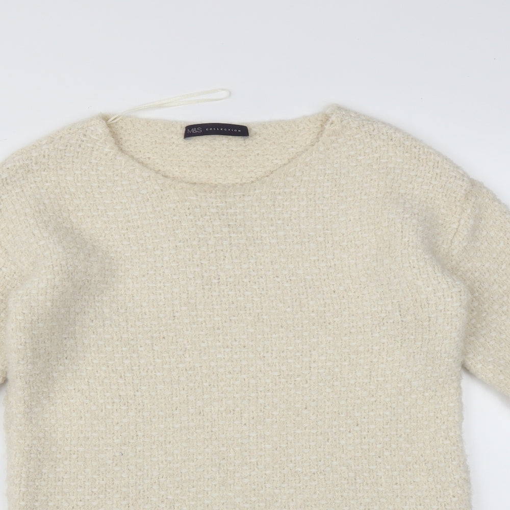 Close-up detail of Marks & Spencer women’s beige pullover sweatshirt, size UK 8