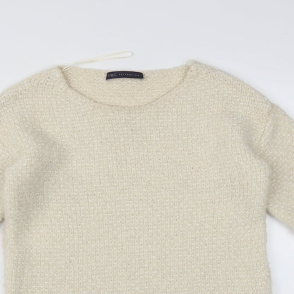 Close-up detail of Marks & Spencer women’s beige pullover sweatshirt, size UK 8