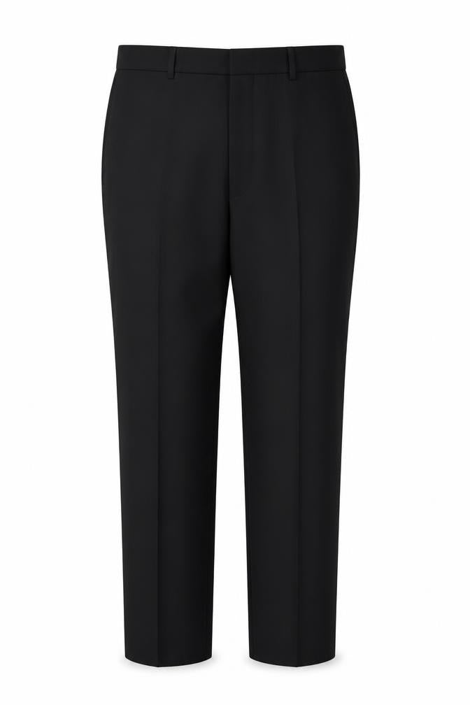 Front view of Preworn women’s black trousers, size UK 46, in, 30-inch leg