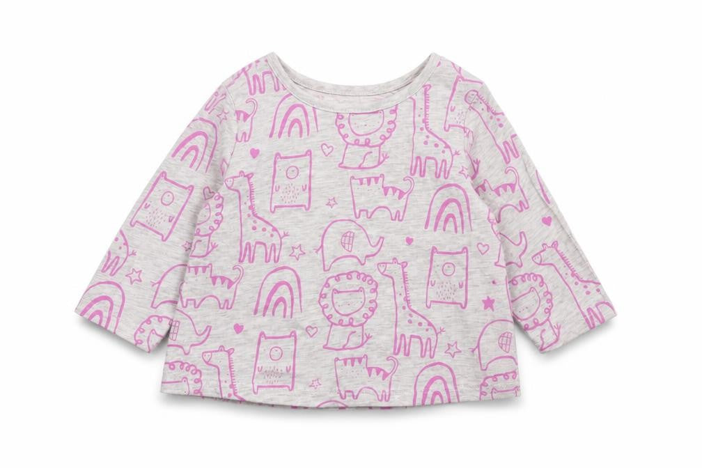 Front view of George girls’ grey basic t-shirt, size 3-6, months - zoo animals