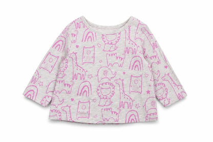 Front view of George girls’ grey basic t-shirt, size 3-6, months - zoo animals