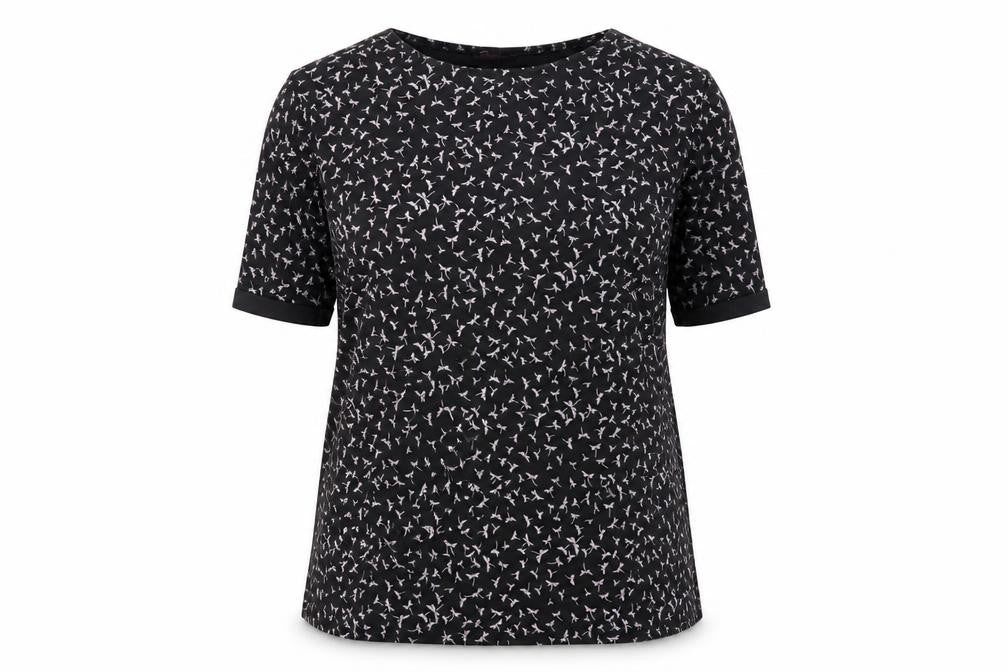 Front view of Charmine women’s black geometric basic t-shirt, size UK 12