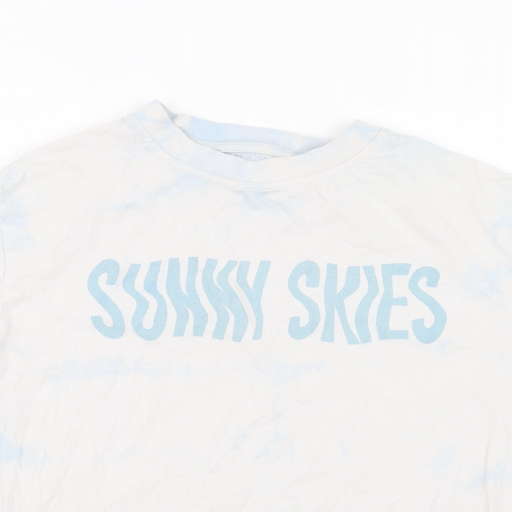 Close-up detail of Next girls’ blue geometric basic t-shirt, size 8, years