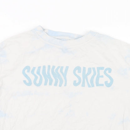 Close-up detail of Next girls’ blue geometric basic t-shirt, size 8, years