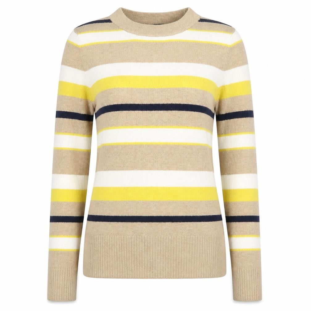 Front view of Marks & Spencer women’s beige striped knit jumper, size UK 8, - yellow