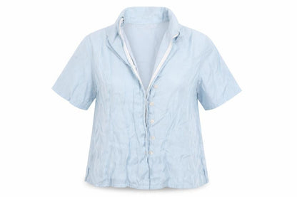 Front view of Robbie Bee women’s blue rayon basic button-up, size XL