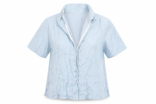 Front view of Robbie Bee women’s blue rayon basic button-up, size XL