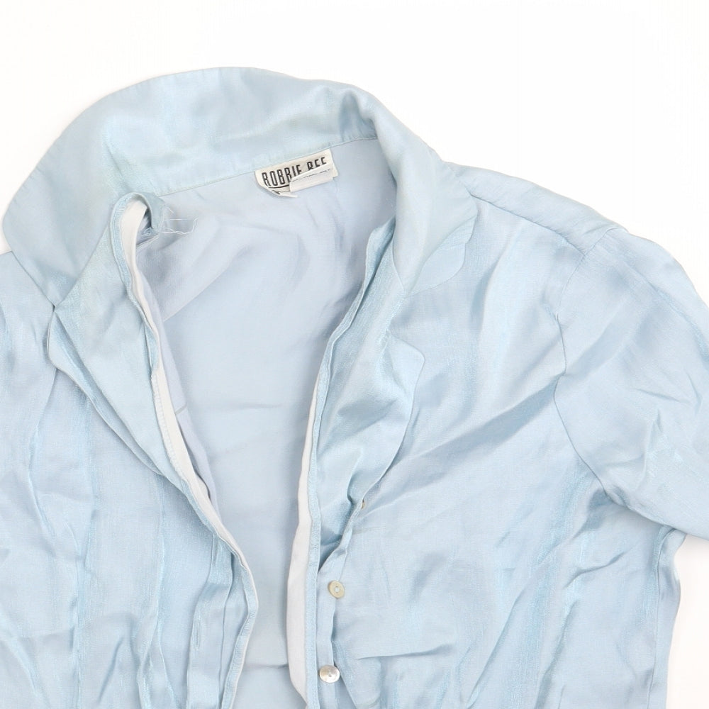 Close-up detail of Robbie Bee women’s blue rayon basic button-up, size XL