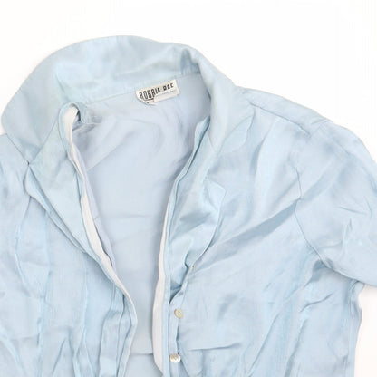 Close-up detail of Robbie Bee women’s blue rayon basic button-up, size XL