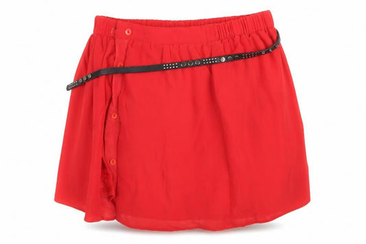 Front view of River Island women’s red mini skirt, size UK 8, - belted