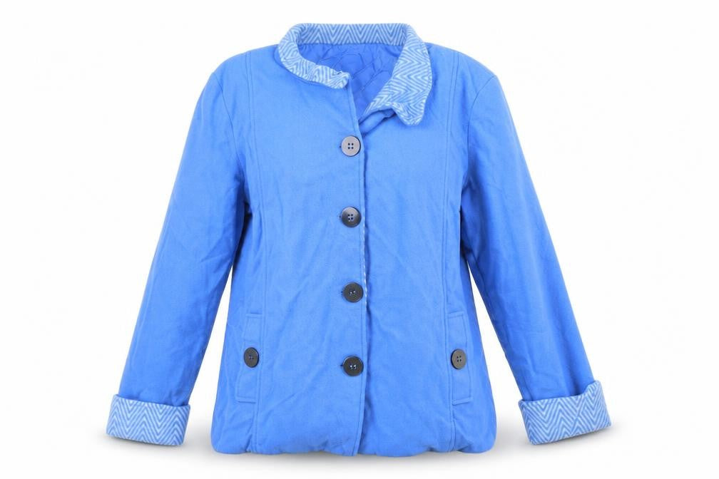 Front view of Anna del Lancay women’s blue jacket blazer, size L