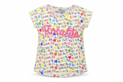 Front view of rosalita girls’ multicoloured geometric basic t-shirt, size 3, years