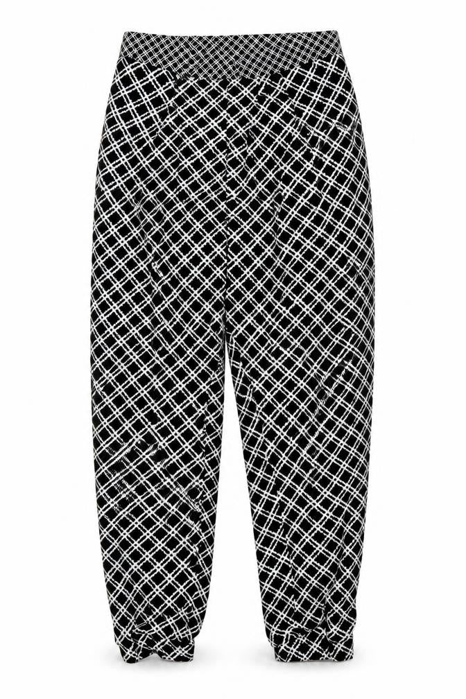 Front view of Topshop women’s multicoloured geometric trousers, size UK 6, 24-inch leg