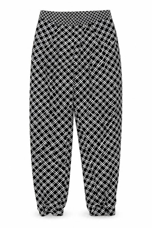 Front view of Topshop women’s multicoloured geometric trousers, size UK 6, 24-inch leg