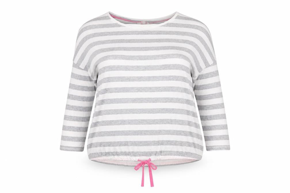 Front view of Pretty secrets women’s grey striped jumper, size UK 20