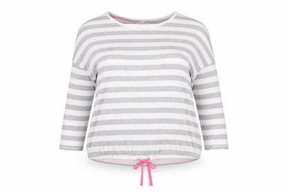 Front view of Pretty secrets women’s grey striped jumper, size UK 20