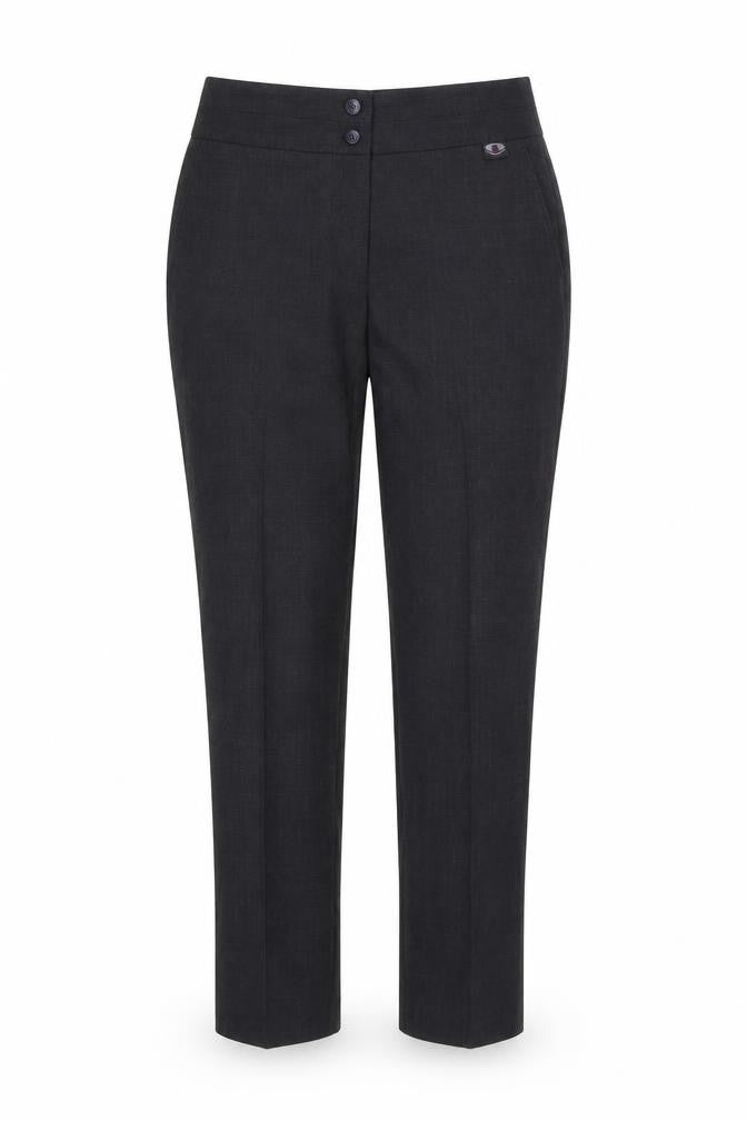 Front view of Uniform Experiment women’s black trousers, size UK 10, 27-inch leg