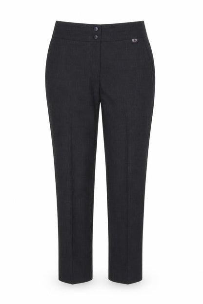 Front view of Uniform Experiment women’s black trousers, size UK 10, 27-inch leg