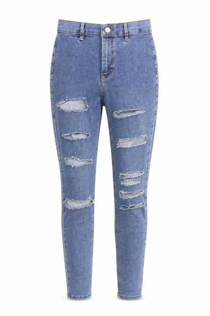 Front view of Topshop women’s blue denim skinny jeans, size UK 28, in, 32-inch leg
