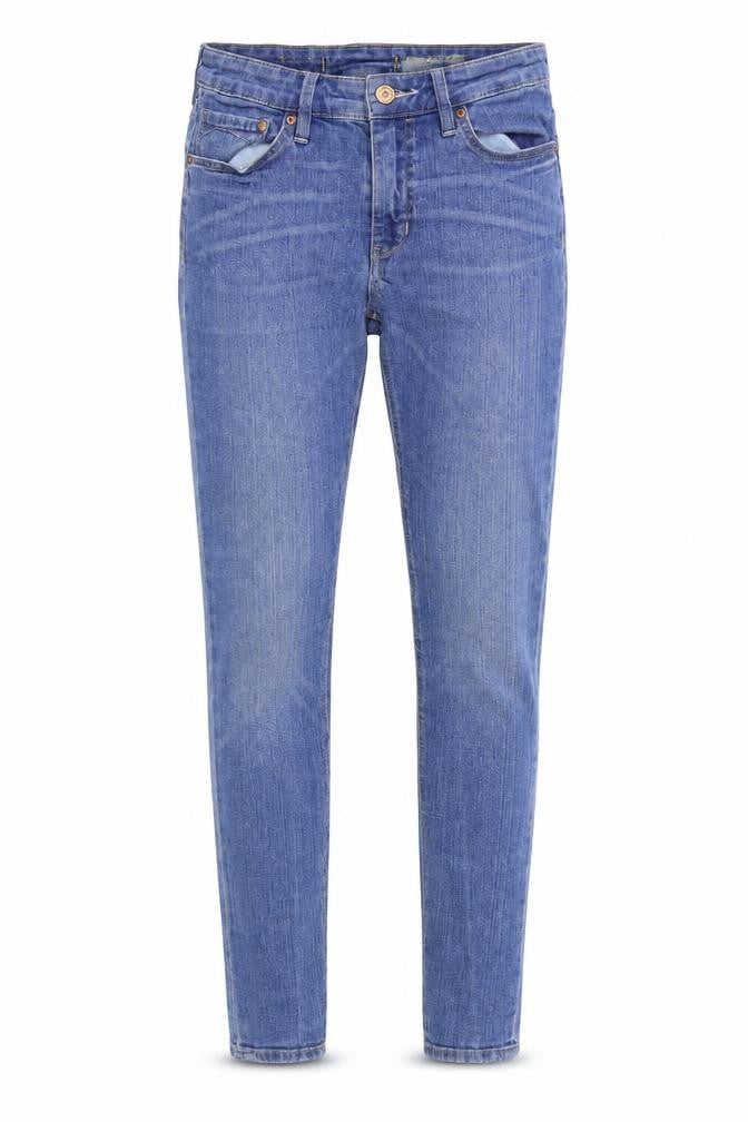 Front view of women’s blue denim skinny jeans, size UK 26, in, 30-inch leg
