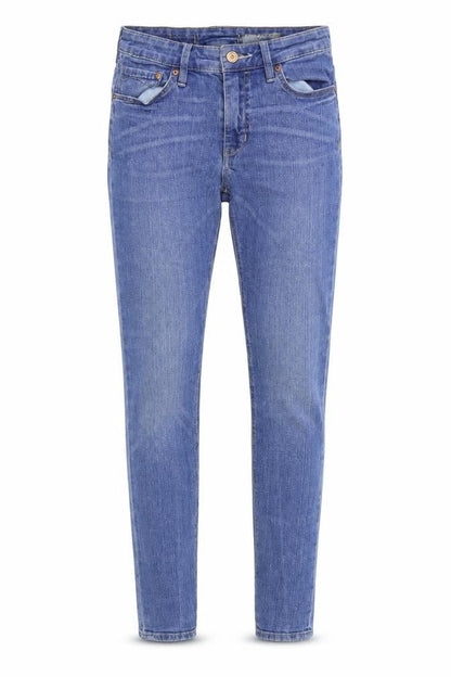 Front view of women’s blue denim skinny jeans, size UK 26, in, 30-inch leg