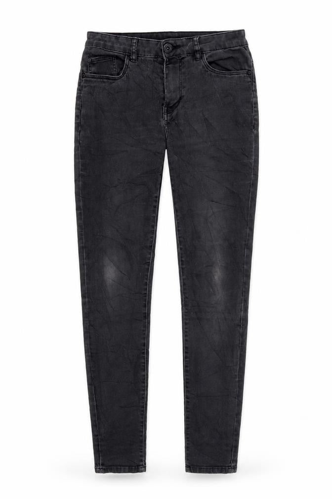 Front view of women’s black denim skinny jeans, size UK 28, in, 32-inch leg