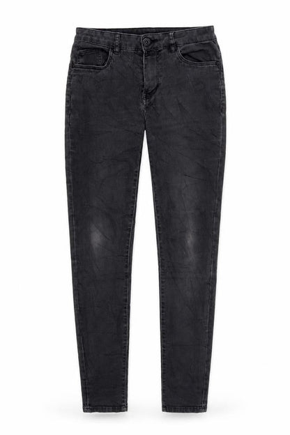 Front view of women’s black denim skinny jeans, size UK 28, in, 32-inch leg