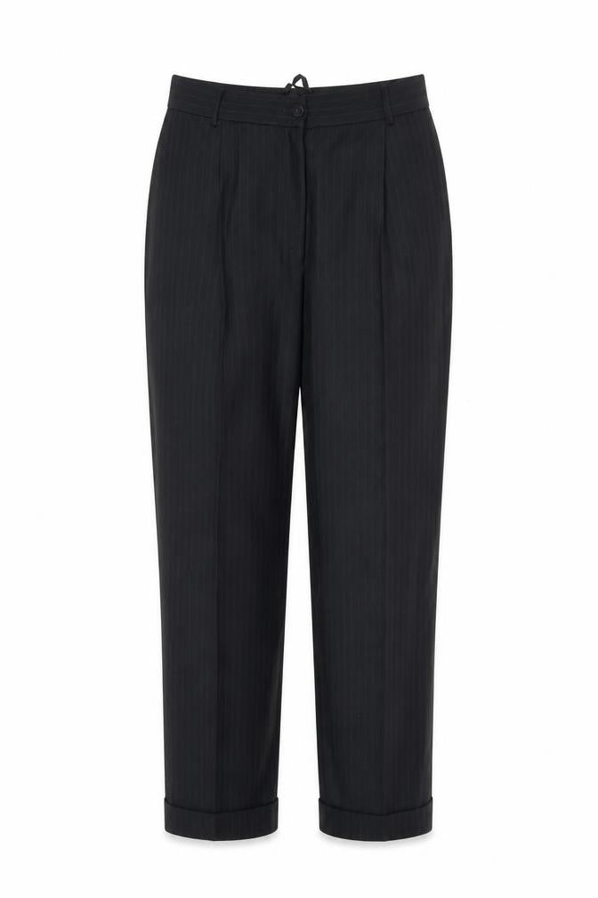 Front view of Preworn women’s black striped trousers, size UK 30, in, 27-inch leg