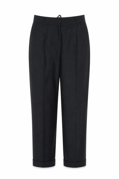 Front view of Preworn women’s black striped trousers, size UK 30, in, 27-inch leg