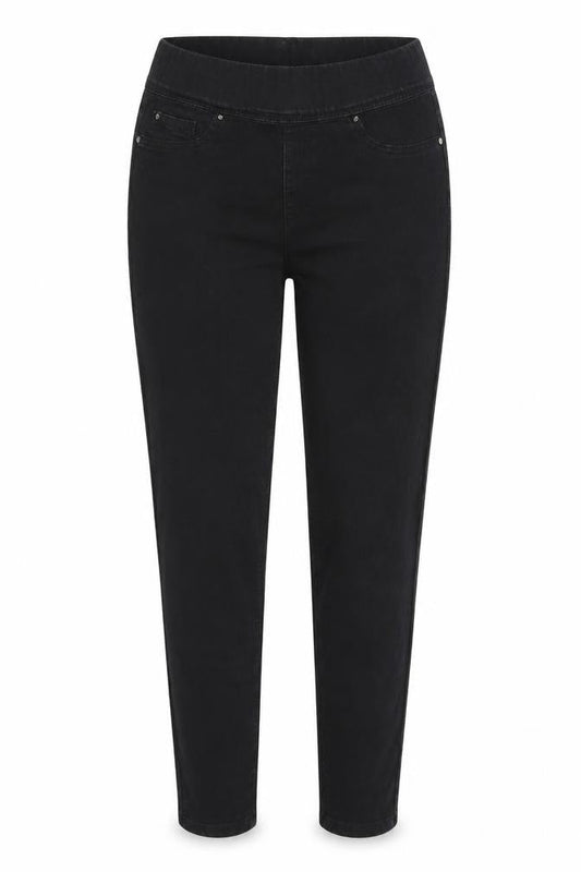 Front view of Denim & Co. women’s black denim jegging jeans, size UK 12, 26-inch leg