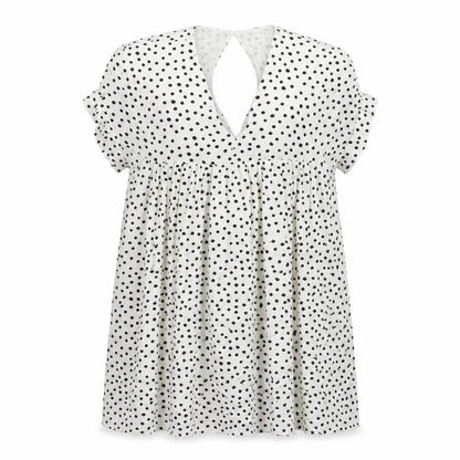 Front view of Kilky women’s white polka dot mini, size M