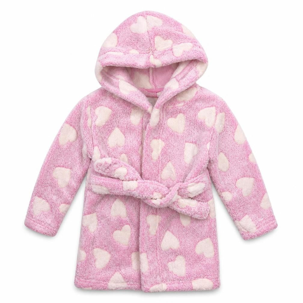 Front view of Kids&Co girls’ pink solid fleece kimono robe, size 9-12, months