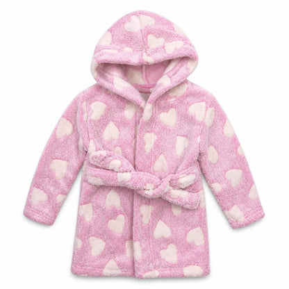 Front view of Kids&Co girls’ pink solid fleece kimono robe, size 9-12, months