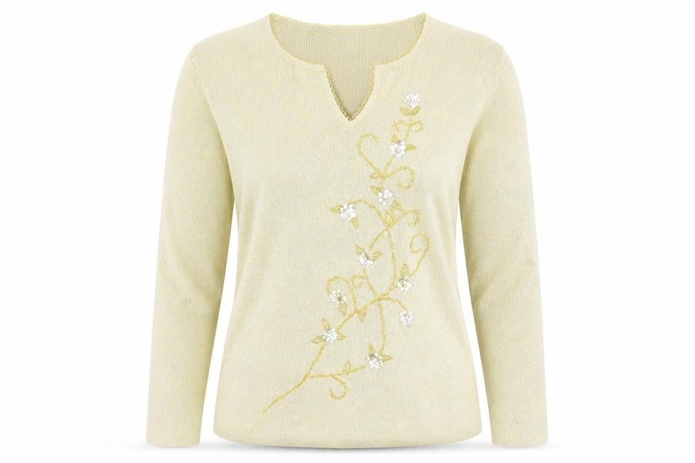 Front view of Berkertex women’s gold floral jumper, size UK 14