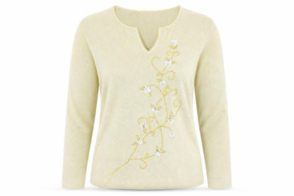 Front view of Berkertex women’s gold floral jumper, size UK 14
