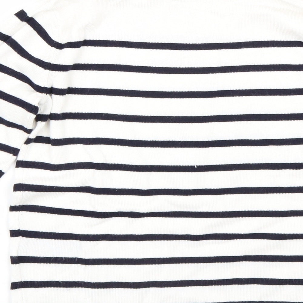 Brand and care label for H&M women’s white striped jumper, size XS