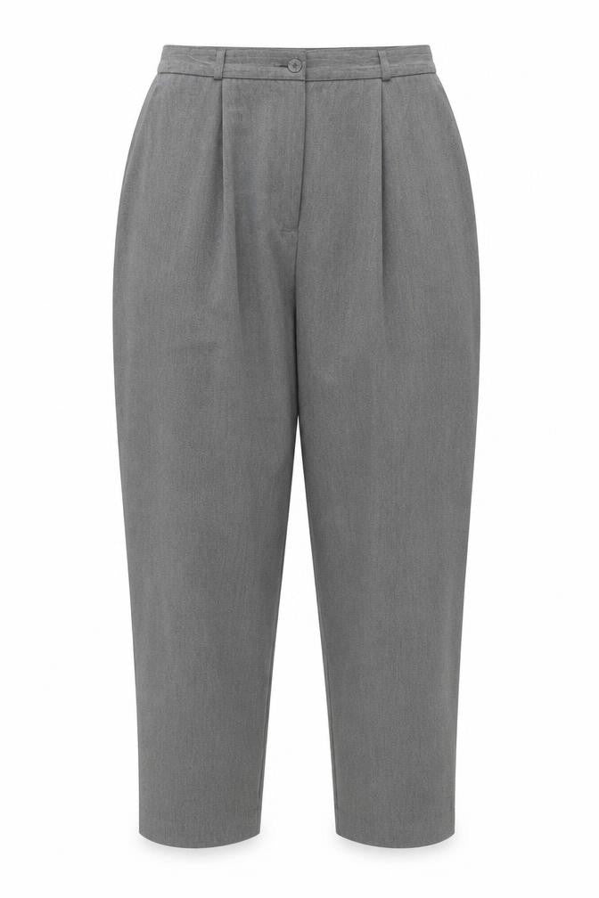 Front view of Preworn women’s grey trousers, size UK 36, in, 26-inch leg